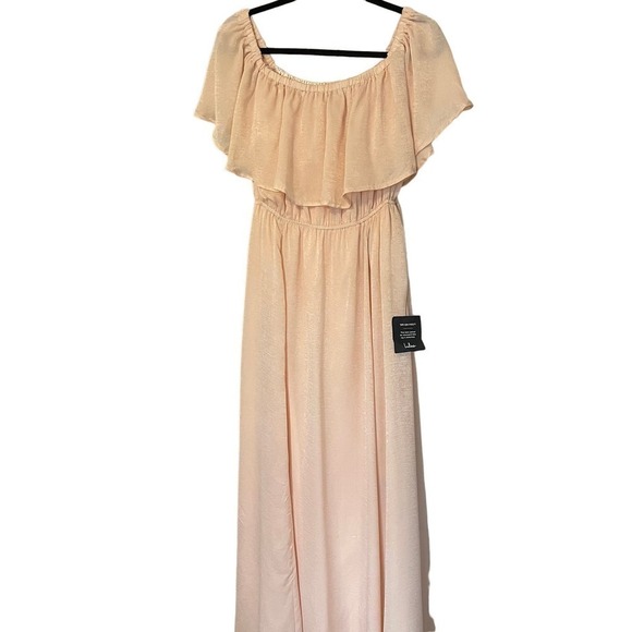 NWT LULU'S Romantic Thinking Light Peach Satin Off-the-Shoulder Maxi Dress Small - Picture 1 of 12